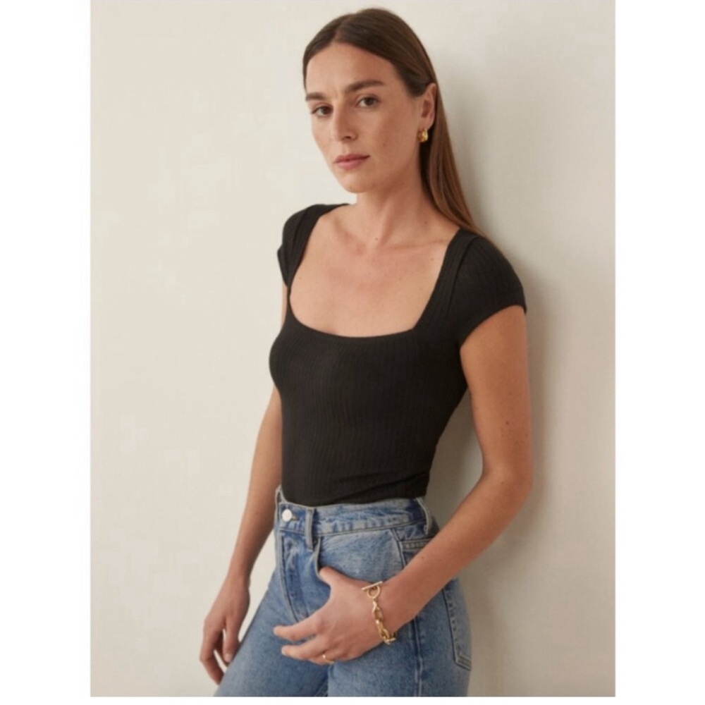 Reformation Jeans Black Ribbed Scoop Neck Blouse - M